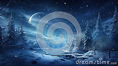 Dreamy winter forest at Christmas night, landscape with starry sky, snow and moon. Scenery of fairy tale snowy woods. Theme of New Stock Photo