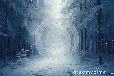 Dreamy winter forest in the fog. Atmospheric mood. Generative AI Stock Photo