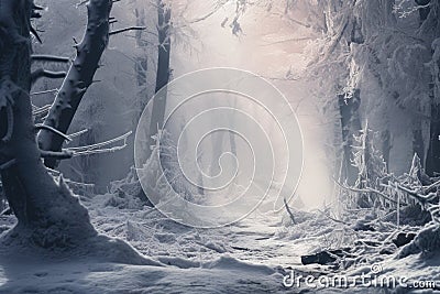 Dreamy winter forest in the fog. Atmospheric mood. Generative AI Stock Photo