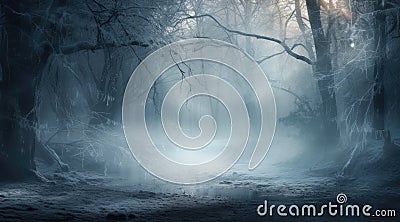 Dreamy winter forest in the fog. Atmospheric mood. Generative AI Stock Photo