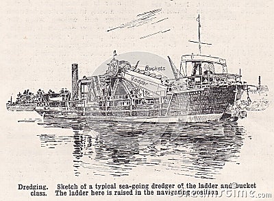 Vintage illustration of Dredging 1930s. Editorial Stock Photo