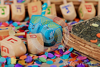 dreidel the traditional Jewish toy, a spinning top used for Hanukkah Stock Photo