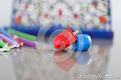 Dreidels candles and Menorah candelabra on Hanukkah Jewish holid Stock Photo