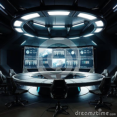 Futuristic Command Center with Advanced Monitoring Systems and Data Displays Stock Photo