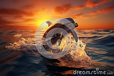 3Drender illustration dolphins jumping in the sea at sunset Cartoon Illustration