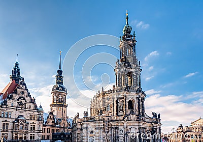 Dresden cathedral and Hausmann tower Stock Photo