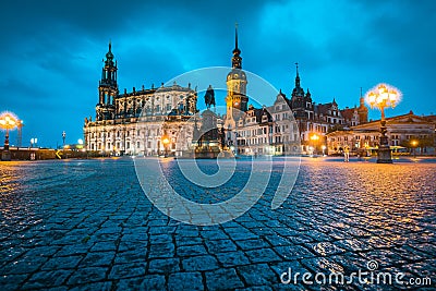 Dresden city center with dramatic sky at twilight, Saxony, Germany Stock Photo