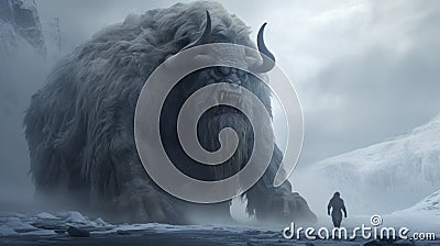 Giant Creature With Person On Mountain: Realistic Furry Art In Dark White And Light Gray Stock Photo