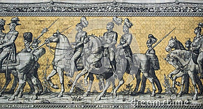 DRESDEN, GERMANY - AUGUST 3, 2016: A fragment of Procession of Princes, a mural of a mounted procession of the rulers of Saxony Editorial Stock Photo