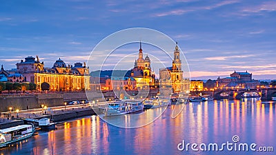 Dresden, Germany cityscape of cathdedrals over the Elbe River Stock Photo