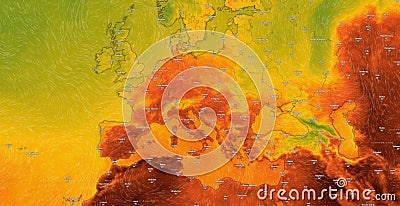 Dresden, Germany - July 11, 2023: Map of Europe, Northern Africa, Asia and Middle East on Windy weather web service showing global Editorial Stock Photo