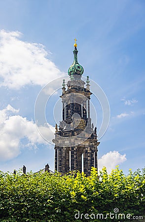 Dresden, Germany - June 28, 2022: The clock tower of the Hofkirche. The Cathedral Sanctissimae Trinitatis at the Dresdner inner Editorial Stock Photo