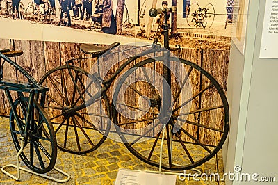 DRESDEN, GERMANY - MAI 2015: ancient bicycle 1868 in Dresden Tra Editorial Stock Photo