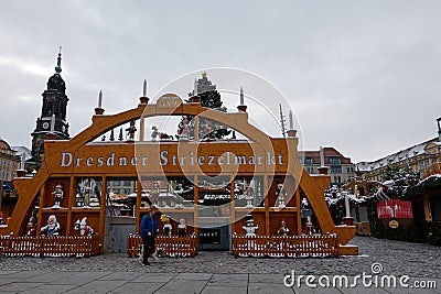 Dresden, Germany - November 29, 2023 - The Christmas Arch at one of the entrances to the Striezelmarkt in Dresden. Editorial Stock Photo