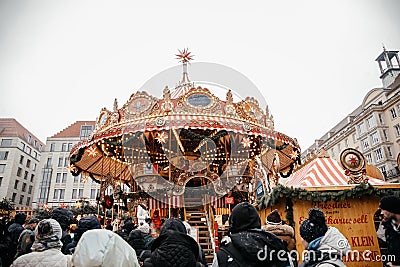 Dresden, Saxony, Germany, 10 December 2022: Christmas outdoor market stall decorations with fairy with lights, vintage french Editorial Stock Photo