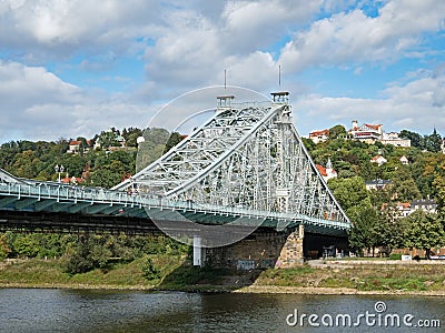 Landmark of the city of Dresden - Loschwitz Bridge Blue Wonder over the Elbe River Editorial Stock Photo