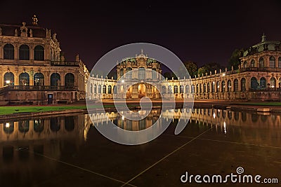 Dresden Zwinger palace panorama with illumination at night and w Stock Photo