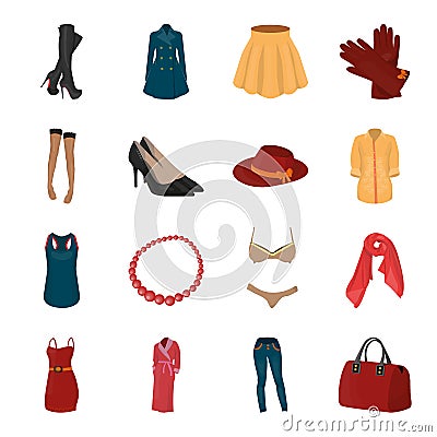 Dress, bra, shoes, women`s clothing. Women`s clothing set collection icons in cartoon style vector symbol stock Vector Illustration