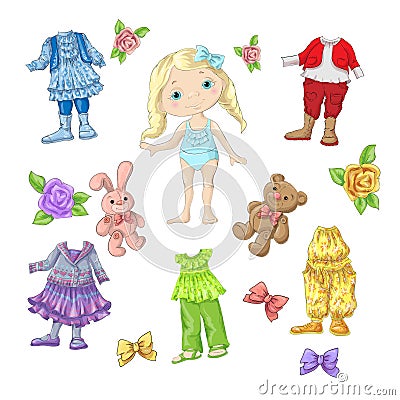 Dress a cute doll with sets of clothes with accessories and toys. Cartoon Illustration