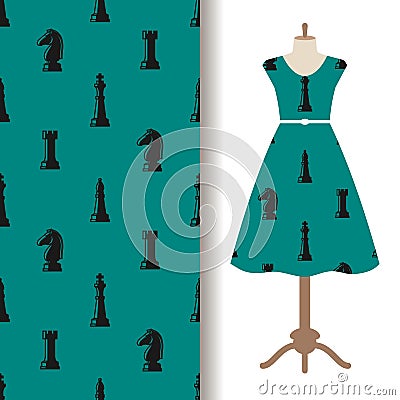 Dress fabric pattern with chess pieces Vector Illustration