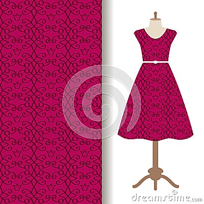 Dress fabric with pink royal pattern Vector Illustration