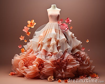 a dress made of pink ruffles and flowers on a mannequin Stock Photo