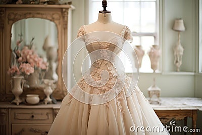 A dress on a mannequin in a room, serving as a fashion display and element of visual merchandising., Vintage wedding dress Stock Photo