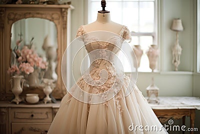 A dress on a mannequin in a room, serving as a fashion display and element of visual merchandising, Vintage wedding dress Stock Photo