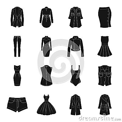 Dress, sarafan, coats of women`s clothing. Women`s clothing set collection icons in black style vector symbol stock Vector Illustration