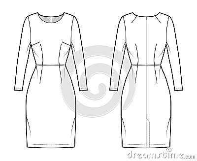 Dress sheath technical fashion illustration with long sleeves, fitted body, natural waistline, pencil skirt Flat apparel Vector Illustration