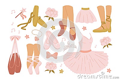 Dress, shoes and accessories for ballet dancer, pointe footwear on slender ballerina legs set Vector Illustration