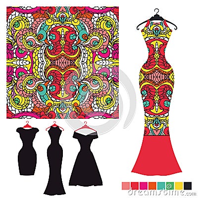 Dress silhouette with tribal seamless pattern.Fashion Vector Illustration