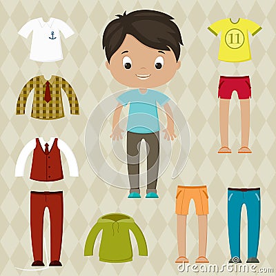 Dress up game. Boy paper doll with clothes set Vector Illustration