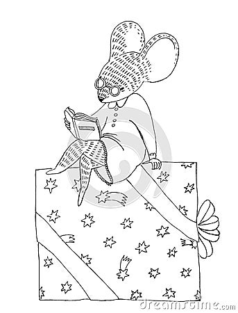 Dressed mouse sits on a big christmas gift box and reads a book Cartoon Illustration