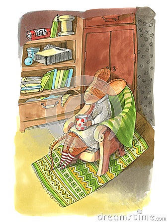 Dressed mouse is sitting on the cozy armchair and drinking tea. Cartoon Illustration
