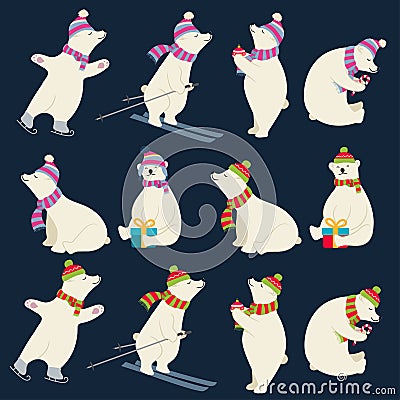 Dressed polar bears collection for Christmas designs Vector Illustration