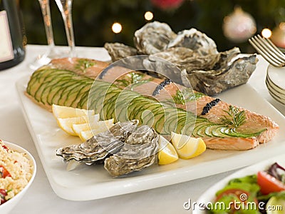 Dressed Side of Salmon Boxing Day Buffet Stock Photo