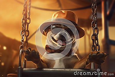 Dressed in stylish attire and donning glasses, the little dog joyfully swings on the whimsical swing. Ai generated Stock Photo