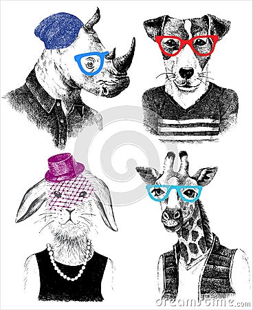 Dressed up animals set in hipster style Vector Illustration