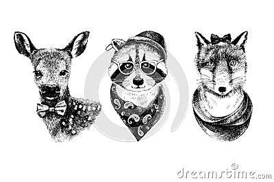 Dressed up hand drawn animals hipsters set. Vector Illustration