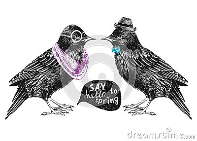 Dressed up starling couple Vector Illustration