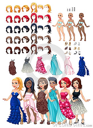 Dresses and hairstyles game Vector Illustration