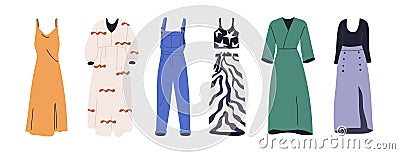Dresses and skirts, jumpsuit, female apparels set. Women garments, fashion wearings. Casual feminine summer clothes in Vector Illustration