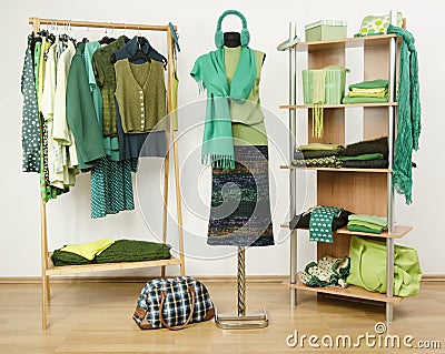 Dressing closet with green clothes arranged on hangers and shelf. Stock Photo