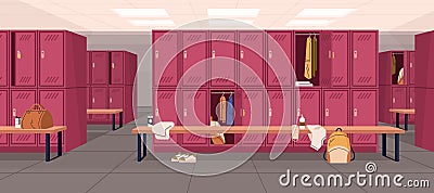 Dressing or locker room in sports club or gym with bags and towels. Interior design of public area for changing clothes Vector Illustration