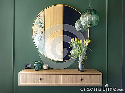 Dressing table with elegant round mirror. Home staging Stock Photo