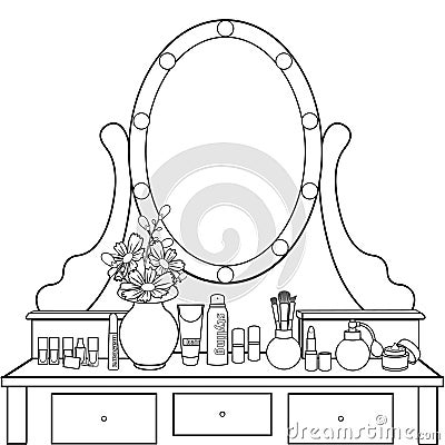 Dressing table with mirror, female boudoir for applying makeup, coloring, sketch, contour black and white drawing, vector illustra Vector Illustration