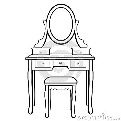 Dressing table with mirror, female boudoir for applying makeup, coloring, sketch, contour black and white drawing, vector illustra Vector Illustration