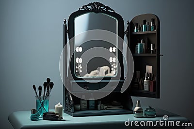 dressing table with mirror, lighted makeup mirrors and hair styling tools Stock Photo