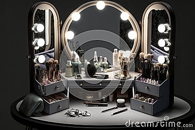 dressing table with mirror, lighted makeup mirrors and hair styling tools Stock Photo